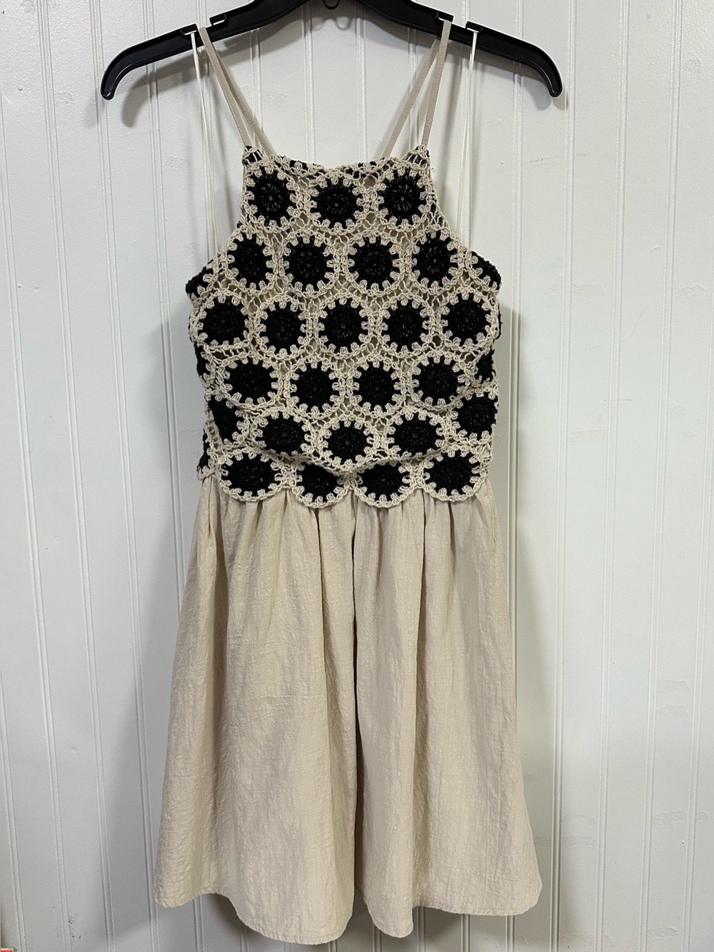 In February M Spaghetti Strap Smocked Back Dress Boho Crochet Detail w/ Pockets